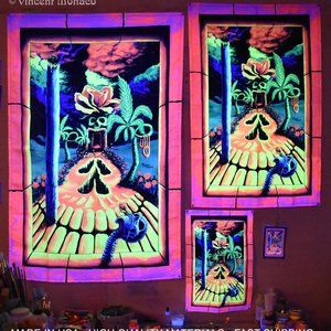 Blacklight Tapestry Cool Trippy Weed Stoner UV Art Hippie Room Home Wall Decor